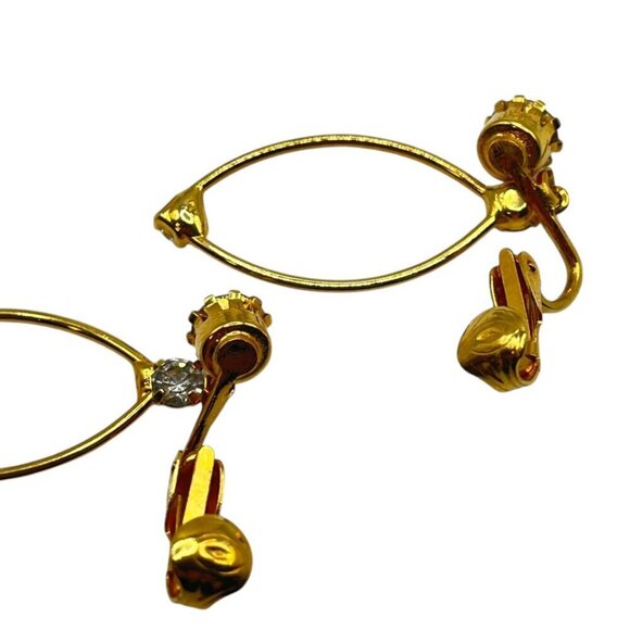 Vintage Gold Tone Clip On Dangle Drop Earrings Clear White Crystal Accent Dressy - Picture 4 of 4